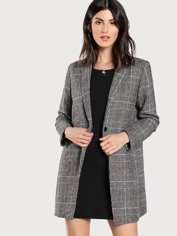 SHEIN Plaid Boxy Coat - Grey - View 1
