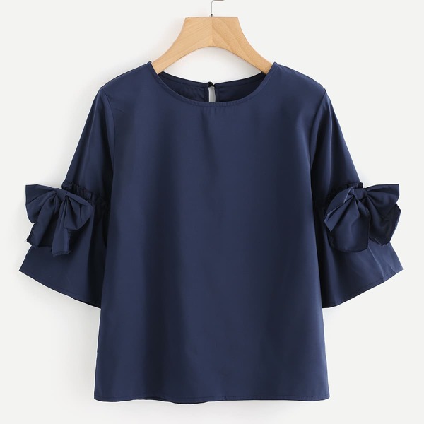 

Bow Tie Sleeve Keyhole Back Blouse, Navy