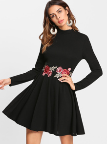Embroidered Rose Applique Skater Dress