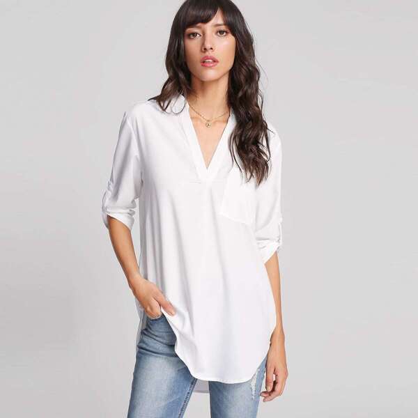 

Rolled Sleeve Curved Hem Blouse