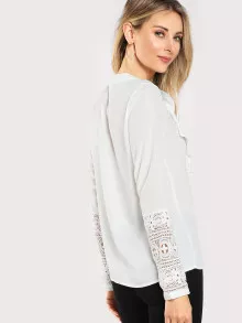 SHEIN Guipure Lace Sleeve Jabot Top - White - View 2