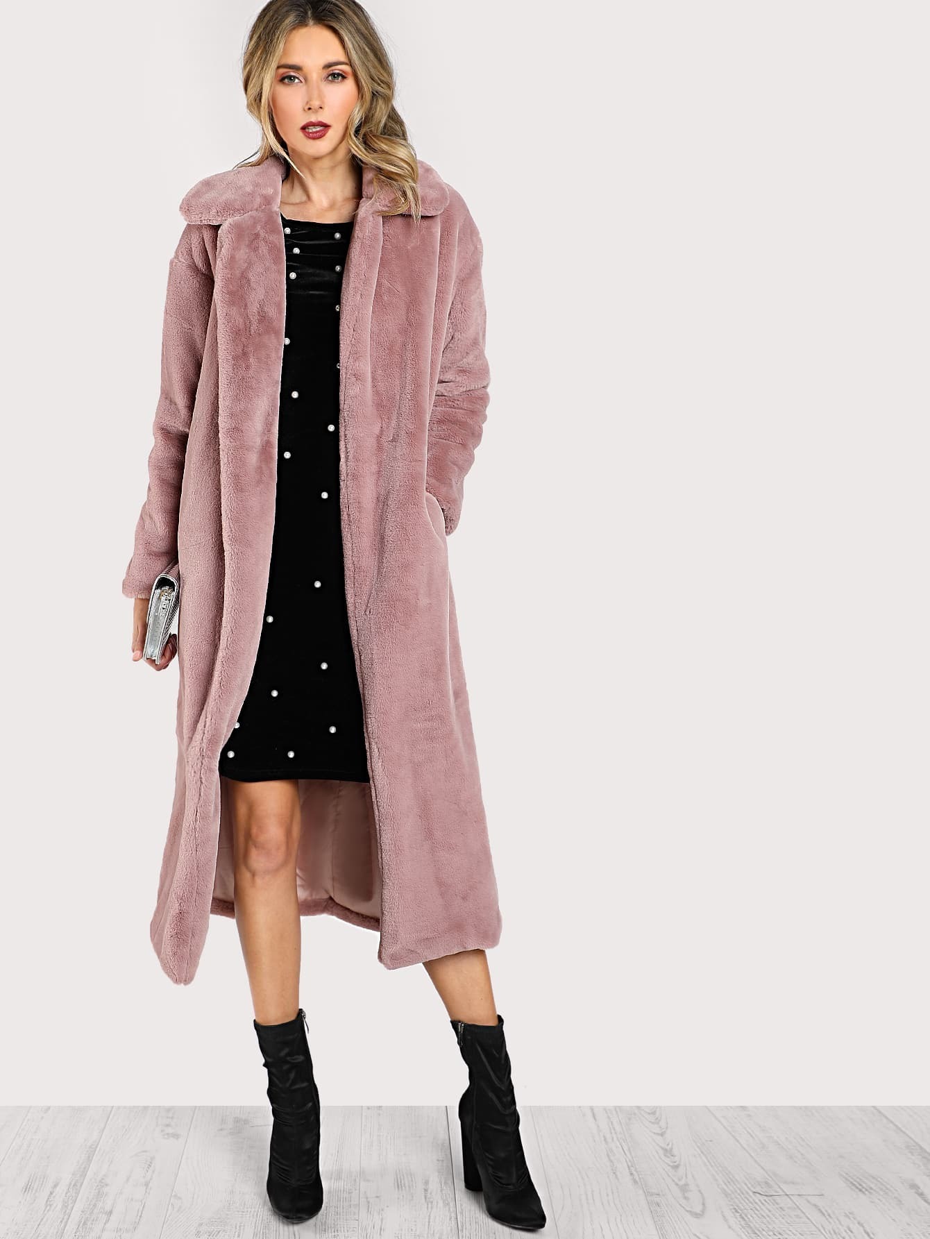 faux fur longline coat dusty rose