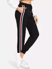 SHEIN Essnce Striped Tape Side Drawstring Joggers - Black - View 3