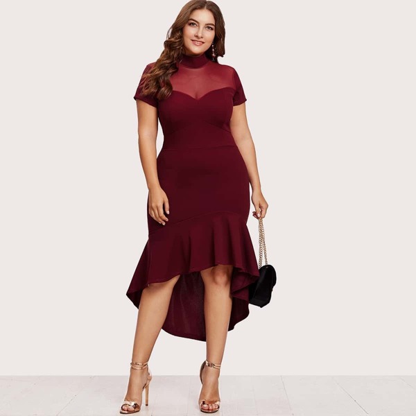 Plus Mesh Insert Frill Dip Hem Dress