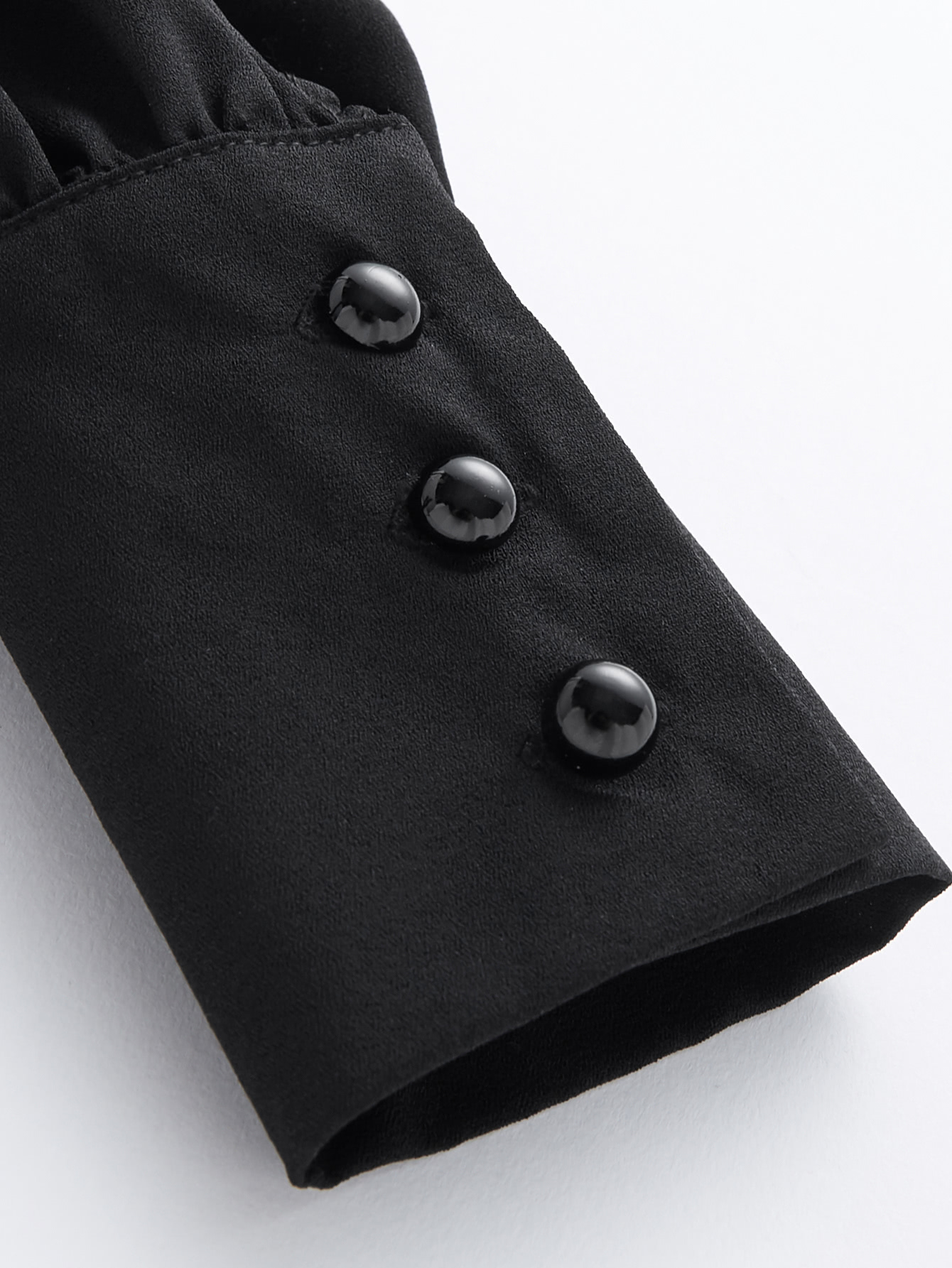 Button Cuff Gathered Neck Top Winter Elegant Black Spring