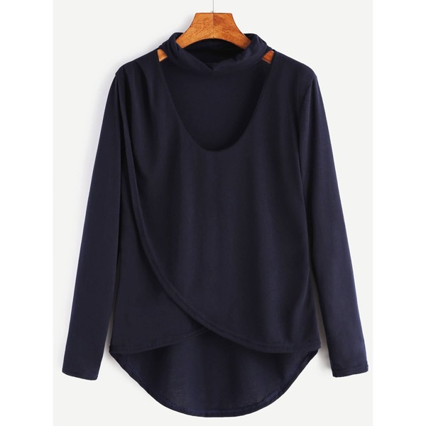 

Navy Dip Hem Choker Neck Wrap Front T-shirt