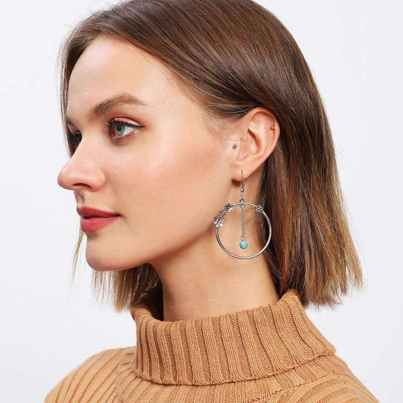 

Flower Detail Hoop Drop Earrings 1pair, Silver