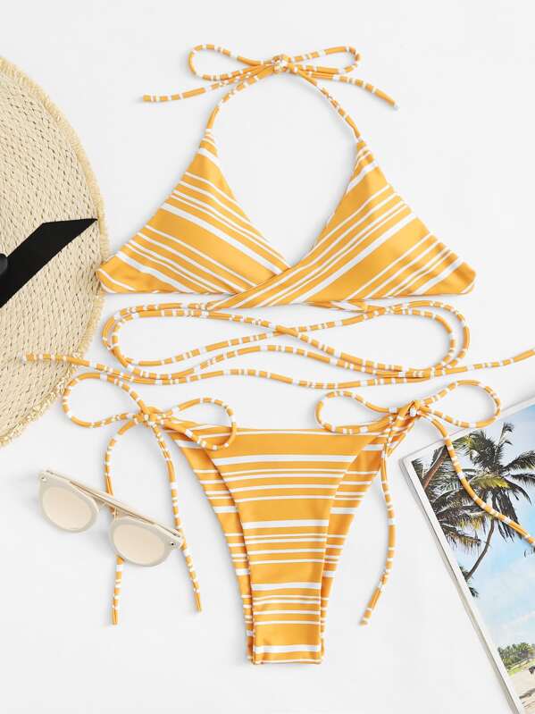 

Crisscross Back Halter Top With Tie Side Bikini, Multicolor