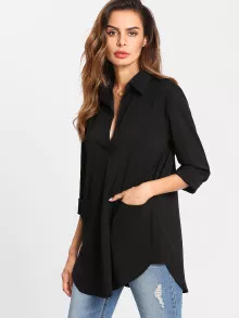 SHEIN LUNE Pocket Patched Curved Hem Blouse - Black - View 4