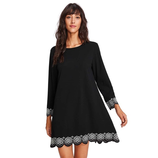 

Floral Embroideried Scallop Trim Tunic Dress, Black