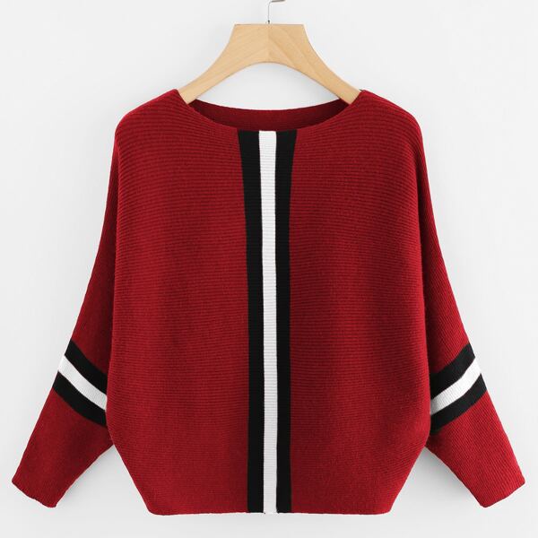 

Contrast Striped Panel Ribbed Sweater, Red