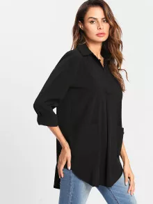 SHEIN LUNE Pocket Patched Curved Hem Blouse - Black - View 3