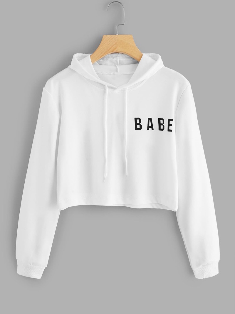 

Letter Print Crop Hoodie, White