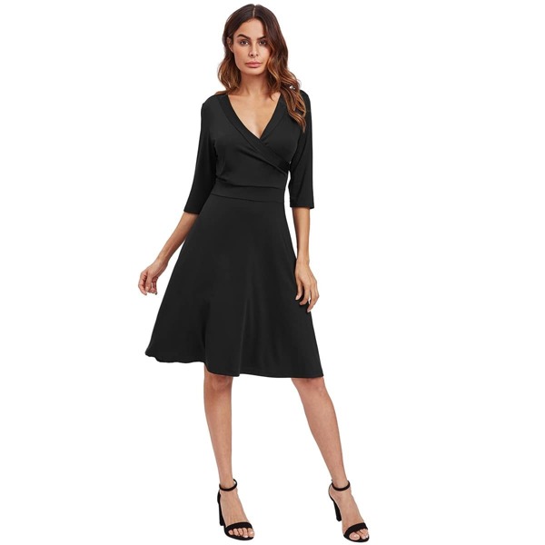 

Surplice Wrap A-line Dress, Black