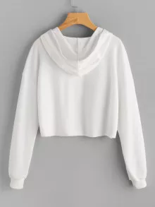 Muchica Letter Graphic Drop Shoulder Raw Hem Crop Hoodie - White - View 4