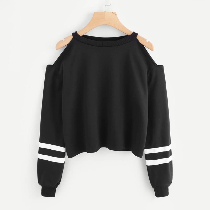 

Cold Shoulder Varsity Striped Sweatshirt, Black