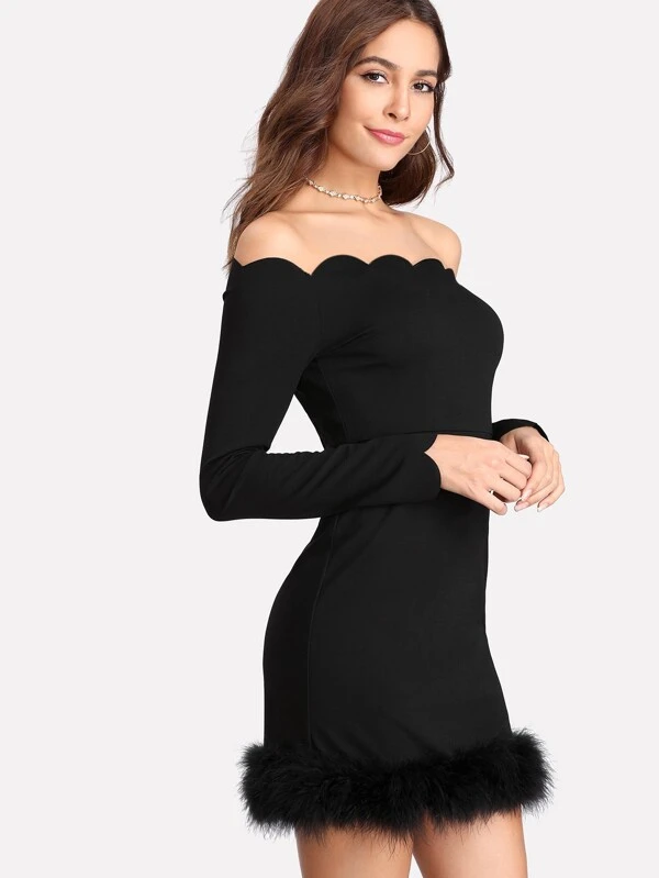 fur trim bardot dress