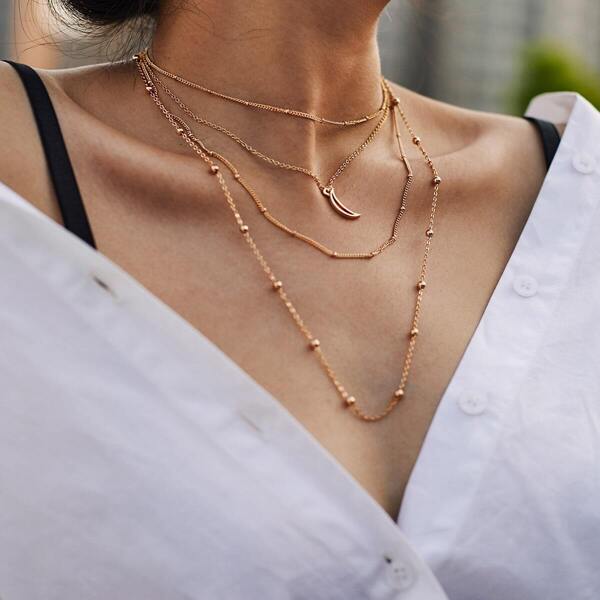 

Hollow Moon Pendant Layered Beaded Necklace, Gold