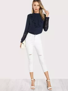 SHEIN Jabot Collar Guipure Lace Cuff Top - Navy Blue - View 5