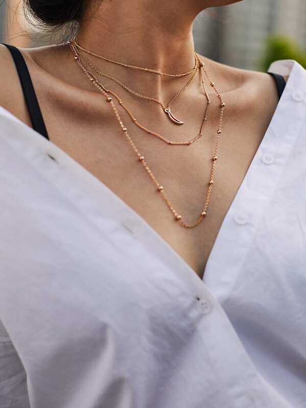 

Hollow Moon Pendant Layered Beaded Necklace, Gold
