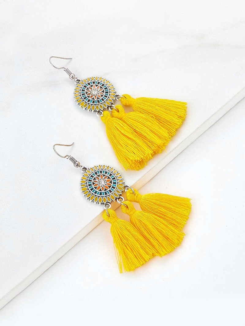 

Rhinestone Detail Tassel Drop Earrings, Yellow