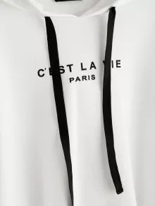 Muchica Letter Graphic Drop Shoulder Raw Hem Crop Hoodie - White - View 2