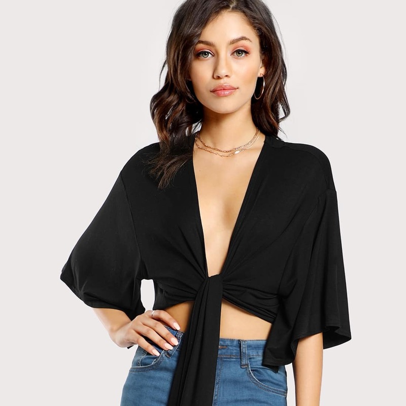 

Tie Front Plunging Kimono Top, Black