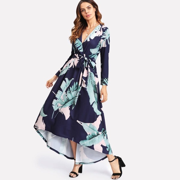 

Palm Leaf Surplice Self Tie High Low Dress