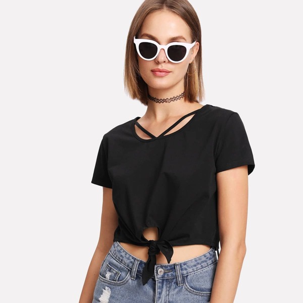

V Strap Neck Knot Front Crop Tee, Black