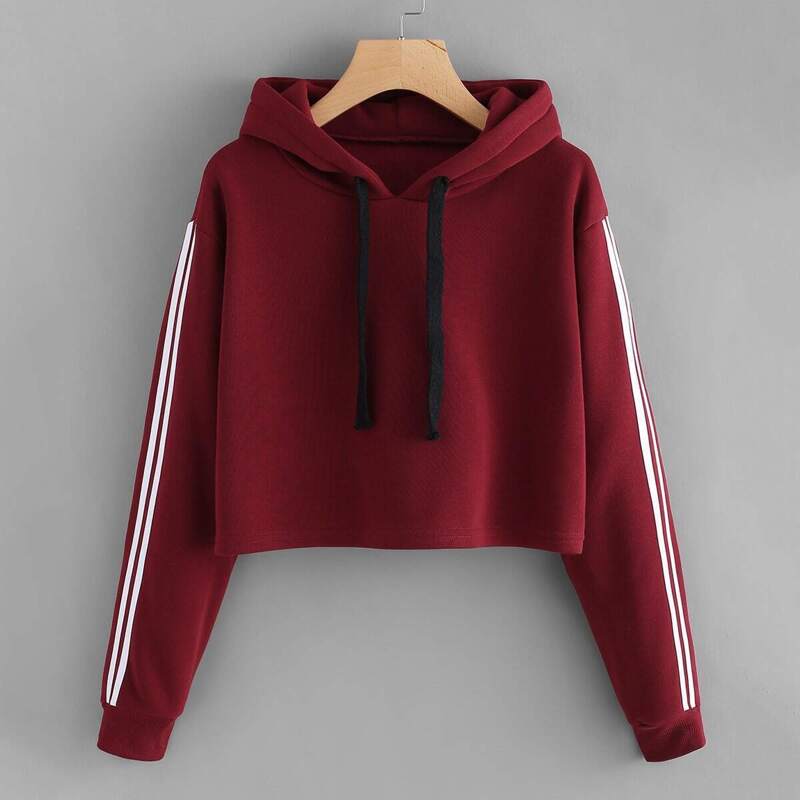 

Striped Sleeve Crop Hoodie, Burgundy