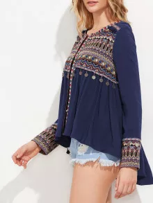 SHEIN Tribal Embroidered Dip Hem Smock Top - Multicolor - View 4