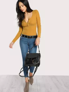 SHEIN Rib Knit Henley Shirt - Mustard Yellow - View 5