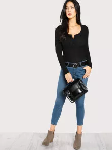 SHEIN Scoop Neck Rib Henley Shirt - Black - View 5