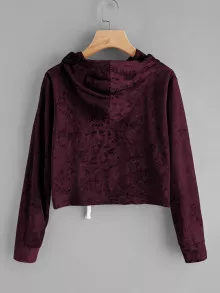 Velvet Drawstring Crop Hoodie - Burgundy - View 2