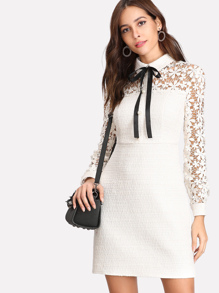 Daisy Lace Sleeve Tie Neck Tweed Dress