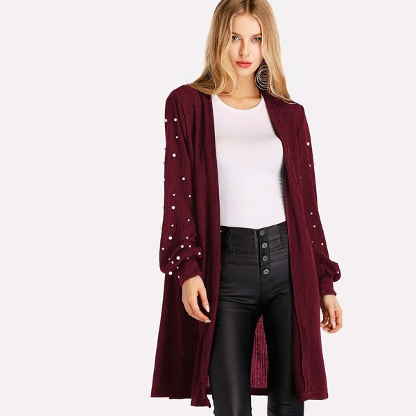 

Pearl Beading Balloon Sleeve Cardigan