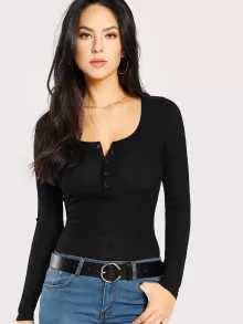 SHEIN Scoop Neck Rib Henley Shirt - Black - View 1