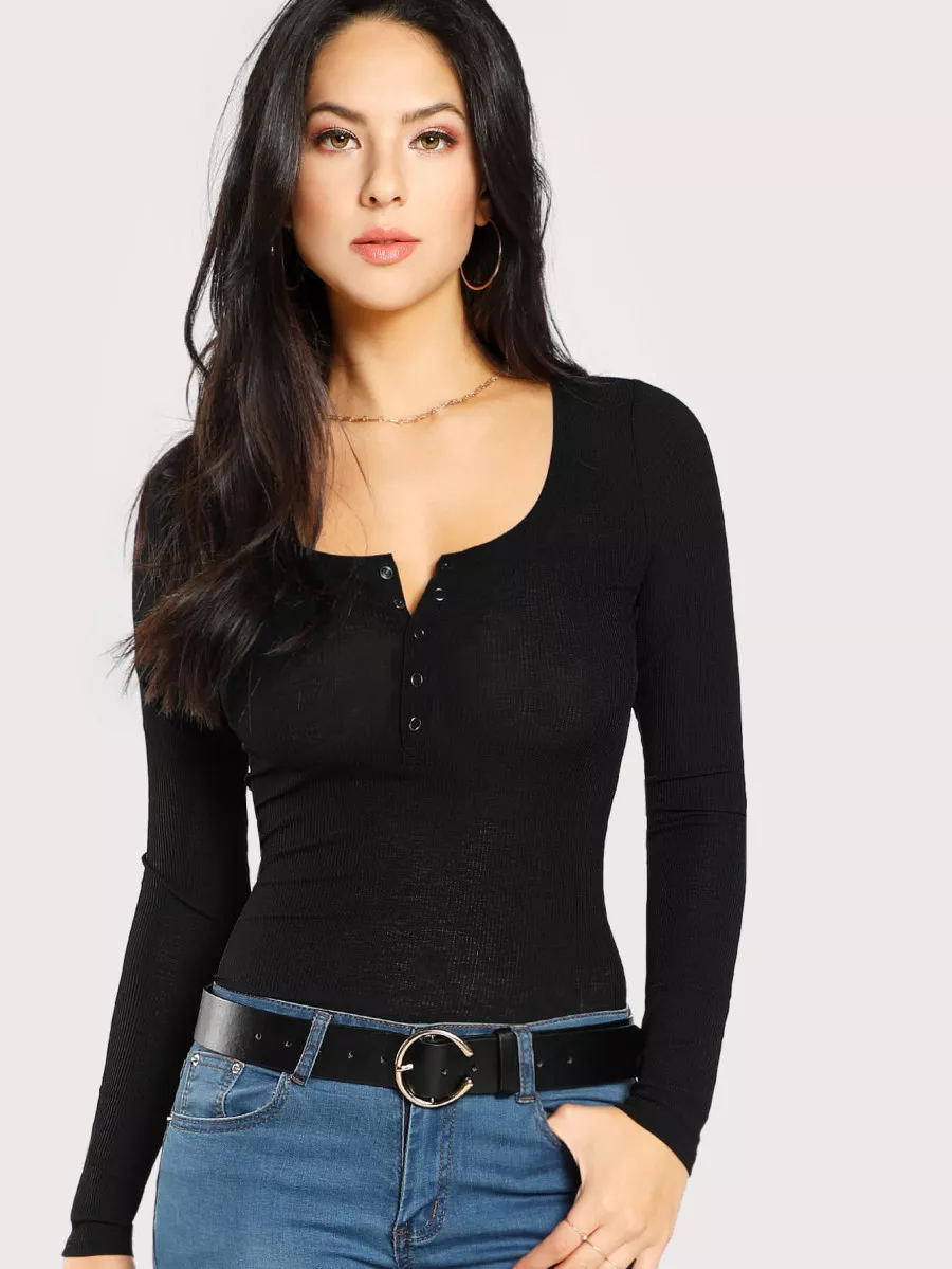 SHEIN Scoop Neck Rib Henley Shirt - Black - View 1