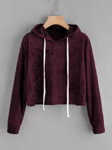 Velvet Drawstring Crop Hoodie - Burgundy - View 1