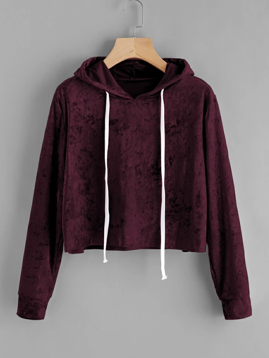 Velvet Drawstring Crop Hoodie - Burgundy - View 1