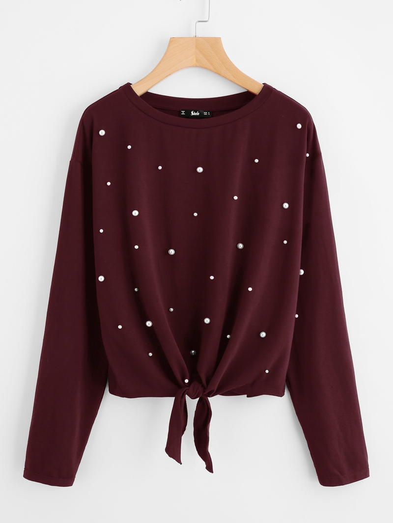

Pearl Beaded Knot Front Tee, Burgundy