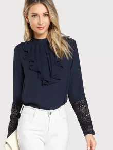 SHEIN Jabot Collar Guipure Lace Cuff Top - Navy Blue - View 1