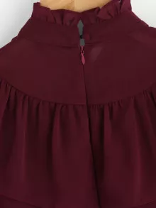 Pussy Bow Zipper Back Flounce Top - Burgundy - View 3