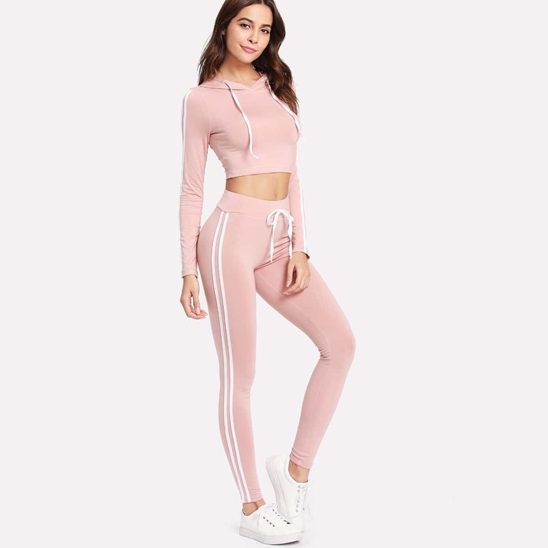 

Striped Side Crop Hoodie With Sweatpants Set, Pink
