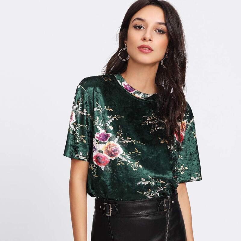 

Flower Print Velvet T-shirt, Multicolor