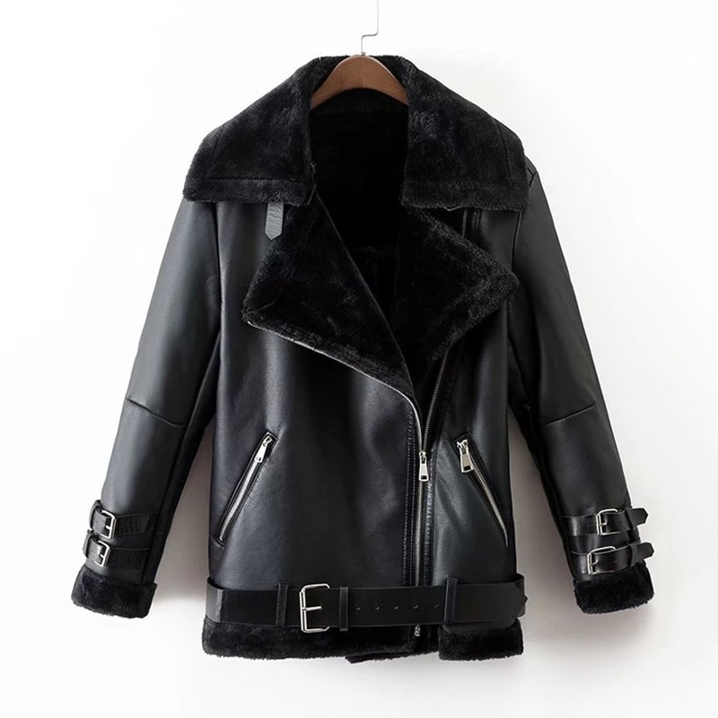 

Faux Leather Faux Fur Lined Belted Jacket, Black