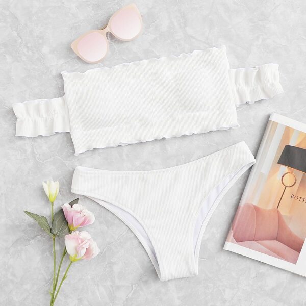 

Off The Shoulder Lettuce Trim Top With Hipster Bikini, White