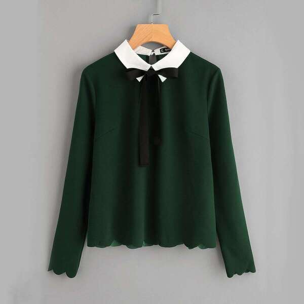 

Tie Neck Contrast Collar Scallop Trim Blouse