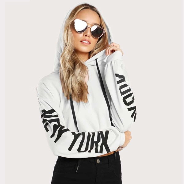 

Drop Shoulder Print Sleeve Hoodie, White
