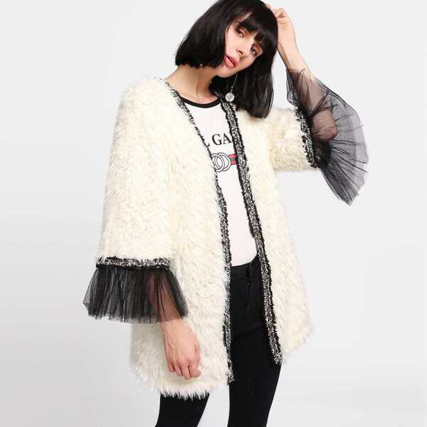

Contrast Mesh Cuff Faux Fur Teddy Coat, Beige
